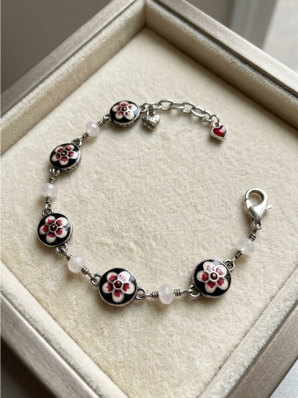 VTG Brighton Silver Plated Flower & Heart Charm Chain Bracelet 2672
